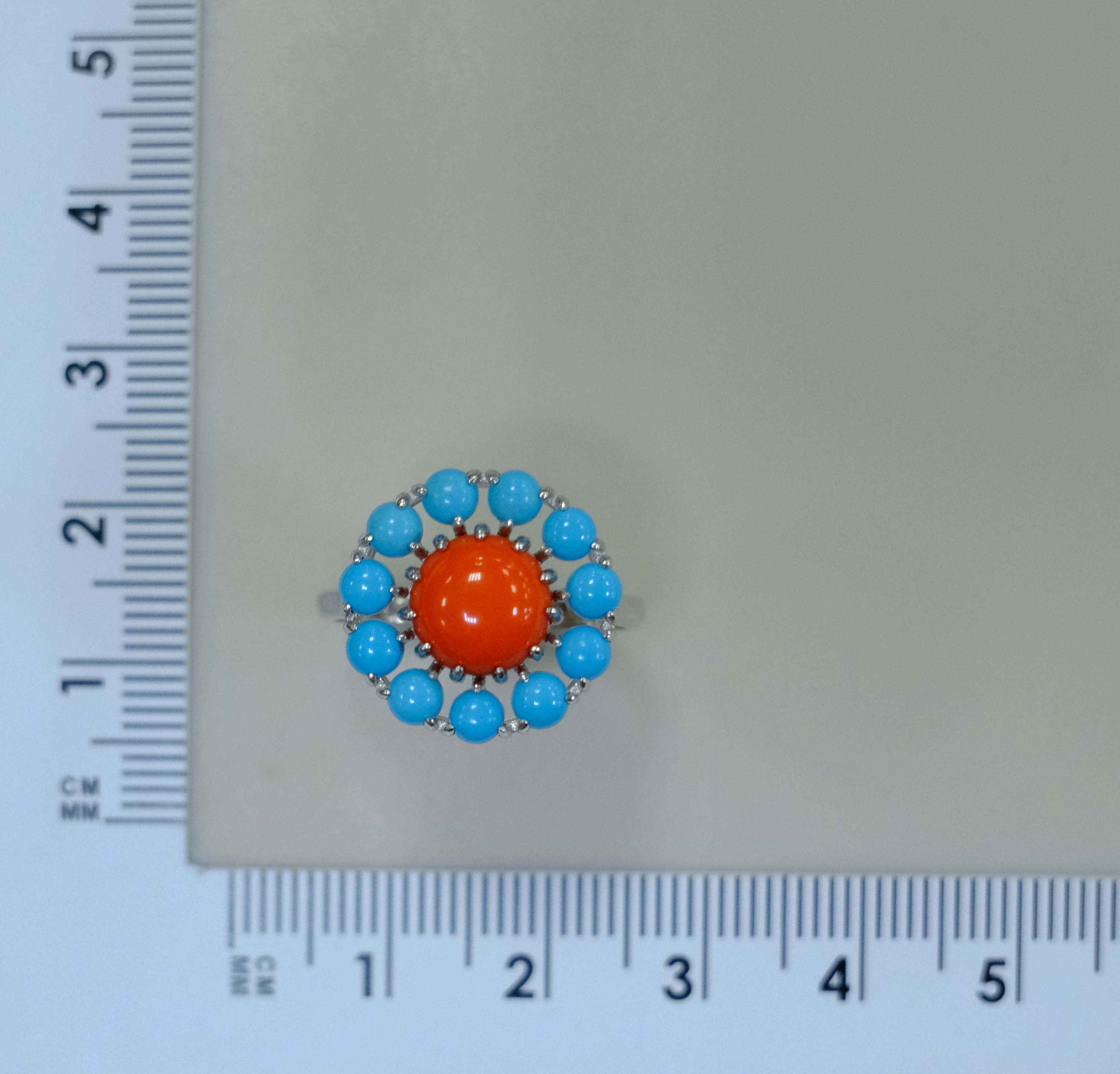 Серебряное кольцо с кораллом и бирюзой